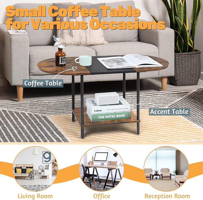 Shinoske Coffee Tables for Living Room,2-Tier Small Coffee Table Farmhouse Oval Center Table with Storage Shelf and Wood Tabletop,for Small Space,Home Office,Black & Brown