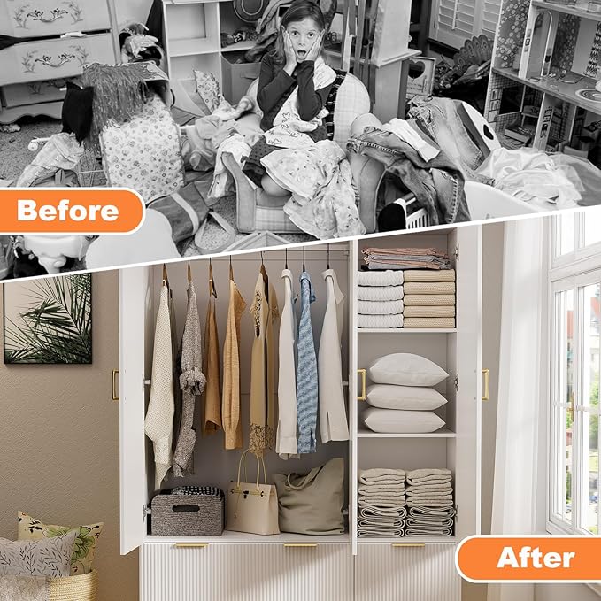 PAKASEPT Armoire Wardrobe Closet with 3 Door, Bedroom Armoires with Mirror and LED Lights, Hanging Rod, Drawers, Large Capacity Storage Wardrobe Armoire for Bedroom