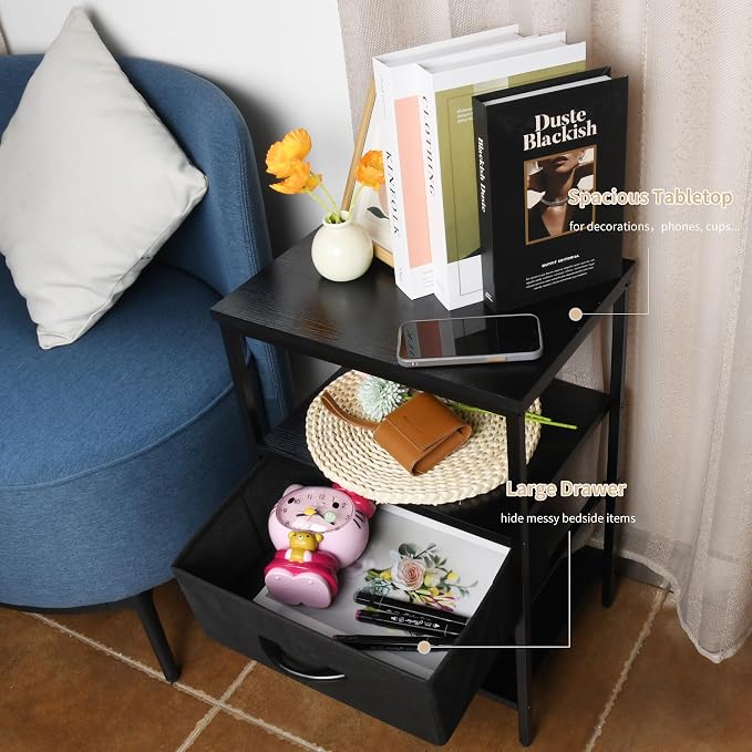 Black Nightstand with Fabric Drawer and Wood Shelf, Waterproof Surface Bedside Table, Eco-Friendly Small Side Table for Bedroom - Image 5