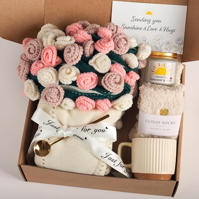 Get Well Gifts for Women, Flower Bouquet Blanket Gift Baskets, Care Package, Self Care Gifts, Thinking of You Gifts for Her Wife Mom Female Friends, Birthday Gifts for Women (Vintage Rose Mix)
