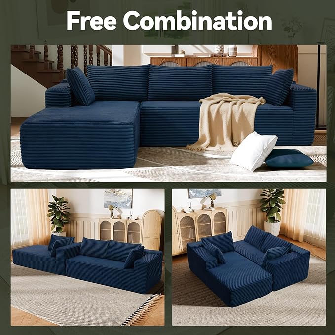 106" Modular Sectional Sofa, Blue Corduroy Cloud Couch with Right Chaise, Deep Seat Boneless Floor Sofa for Living Room, High-Resilience Foam Support, No Assembly Required, Includes Pillows | Sectional Sofa, Corduroy Cloud, Boneless, High-Resilience, N...