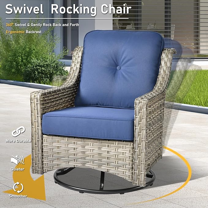 HOOOWOOO 5 Piece Patio Furniture Conversation Sets with Swivel Rocking Chairs,Outdoor Wicker Furniture with LED Tablet,All Weather Resistant High Back Rattan Conversational Set(Navy Blue)