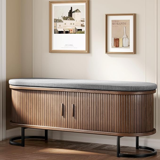Decofy Storage Bench with Cushion and Sliding Doors, 47.2 Inch Large Entryway Shoe Bench with Sturdy Metal Feet, Multi-Functional for Entrance Hall, Bedroom, Living Room (Walnut) by Decofy