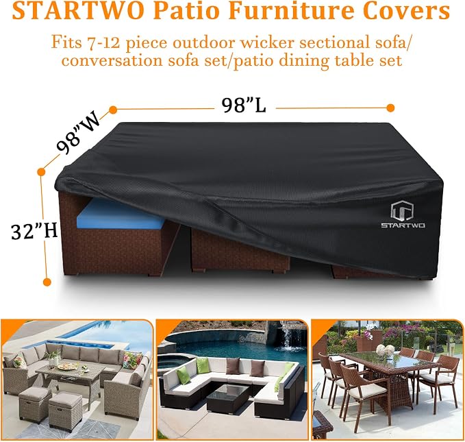 STARTWO Patio Furniture Covers Waterproof,Heavy Duty 7-12 Seats Outdoor Furniture Set Cover for Sectional Sofa and Table Chairs, 98"x98"x28", Black - Image 2