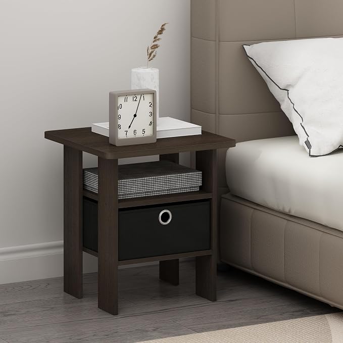 Furinno TIDUR Night Stand Set of 2, Open Shelf Design Nightstand with Storage Bin, Bedside Table, End Table, Side Table, for Bedroom, Closet, Dorm, Dark Brown - Image 4