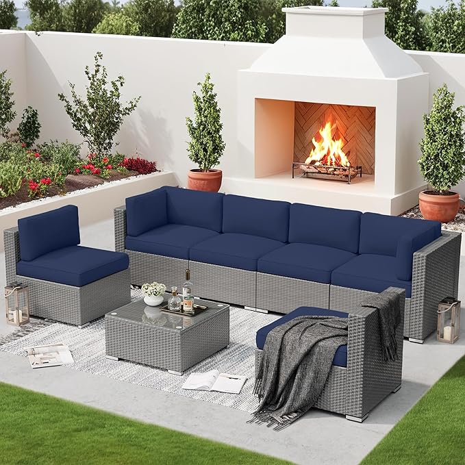 SUNCROWN Outdoor Patio Furniture Set 7 Piece Outdoor Sectional Sofa Grey Wicker Conversation Sofa Set with Coffee Table and Cushions (Dark Blue)