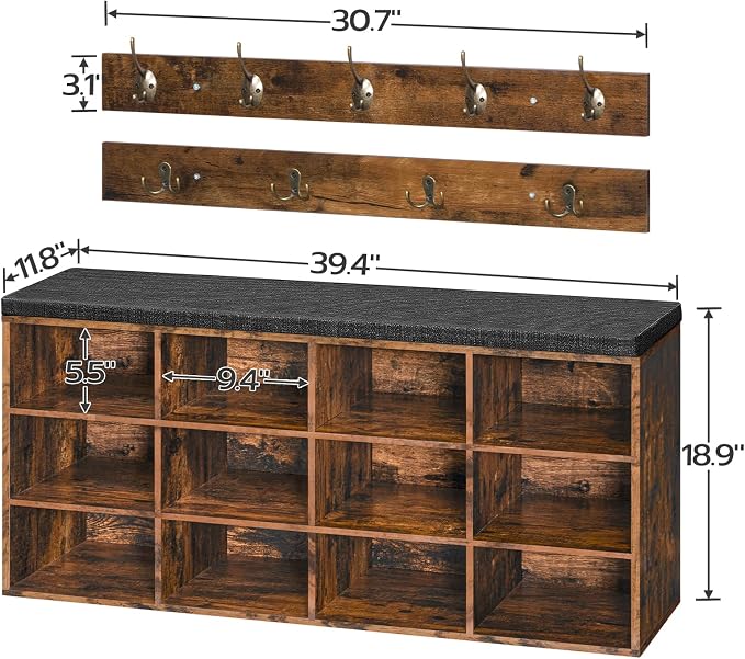 HOOBRO Shoe Storage Bench with Cushion, 39.4" L Entryway Bench with 12 Cubbies, Entryway Hall Tree with Storage, Shoe Cabinet with Coat Rack for Bedroom, Hallway, Holds up to 330 lb, BF112HX01G1 - Image 3