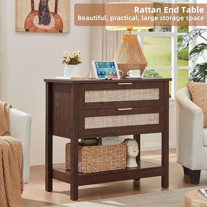 LEYAOYAO 31.5" Wide Rattan Night Stand with Charger Station, Oversized Large Walnut Nightstand with 2 Drawer, Boho Bed Side End Tables with Storage, Tall Bedside Table for Bedroom Living Room, Hallway - Image 3