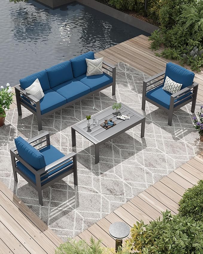 AECOJOY Aluminum Patio Furniture Set, 5 Seats Modern Outdoor Furniture with Coffee Table, 4 Pieces Metal Conversation Sectional Sofa, Blue
