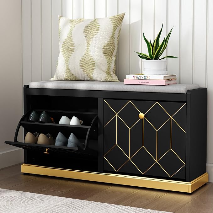 HLR Modern Shoe Bench with Storage, Entryway Bench with 2 Flip Drawer & Padded Cushion Seat, Shoes Storage Bench for Hallway, Closet, Living Room, Black Shoe Storage Cabinet with Bench by HomeDeservesaRelaxLiving