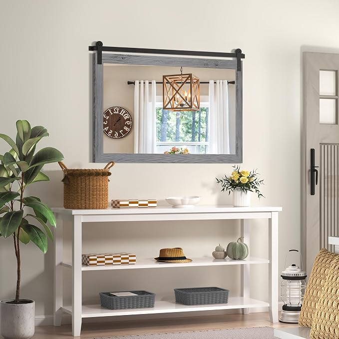 COGOOD Farmhouse Bathroom Mirror - 49 x 30 Large Rectangle Barn Door Mirror for Vanity, Bedroom, Living Room Wall Decor (Grey) - Image 2