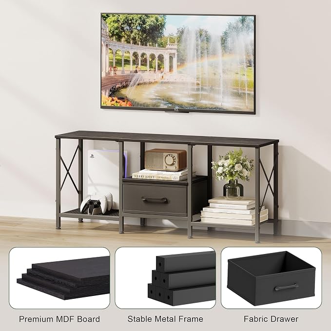 JARHETUN TV Stand with Fabric Drawer, Entertainment Center for 50 55 Inch TV, Industrial TV Console Table with Open Storage Shelves for Living Room, Bedroom, Black - Image 5