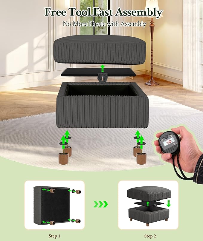 25.2" Couches for Living Room, Comfy Grey Ottoman with Storage, Foot Rest Tool-Free Setup, Small Ottoman Foot Rest for Couch, Corduroy Couch for Bedroom, Apartment, Office