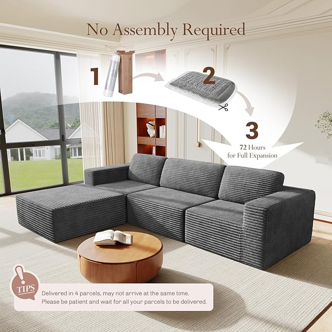Vesgantti 119" L-Shaped Modular Sectional Sofa, Corduroy Cloud Couch with Deep Seating & Spring Support, Flexible Layout Sofa with Ottoman, Boneless Style, No Assembly Required, Grey