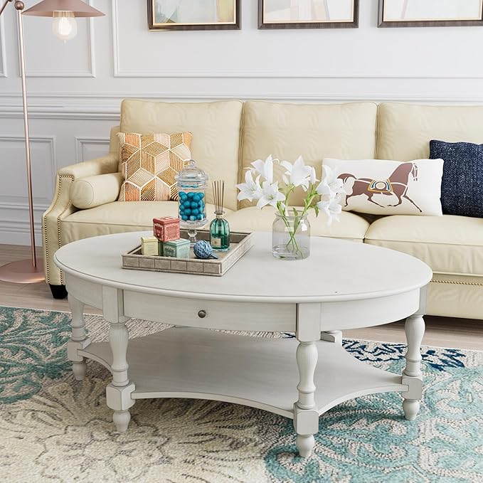 Solid Wood Oval Coffee Table with Drawer and Storage Shelf, 44.9" Traditional Retro Center Table Polished Edging Cocktail Tea Table for Living Room Bedroom Home, Antique White