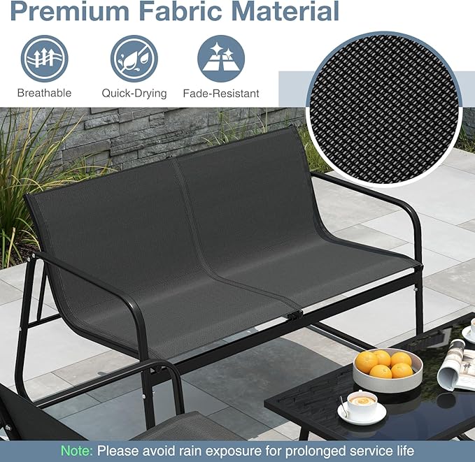 HAPPYGRILL 4 Pieces Patio Conversation Set, Fabric Lawn Chairs and Loveseat with Tempered Glass Coffee Table, Heavy Duty Metal Frame, Outdoor Furniture Set for Porch, Garden and Poolside