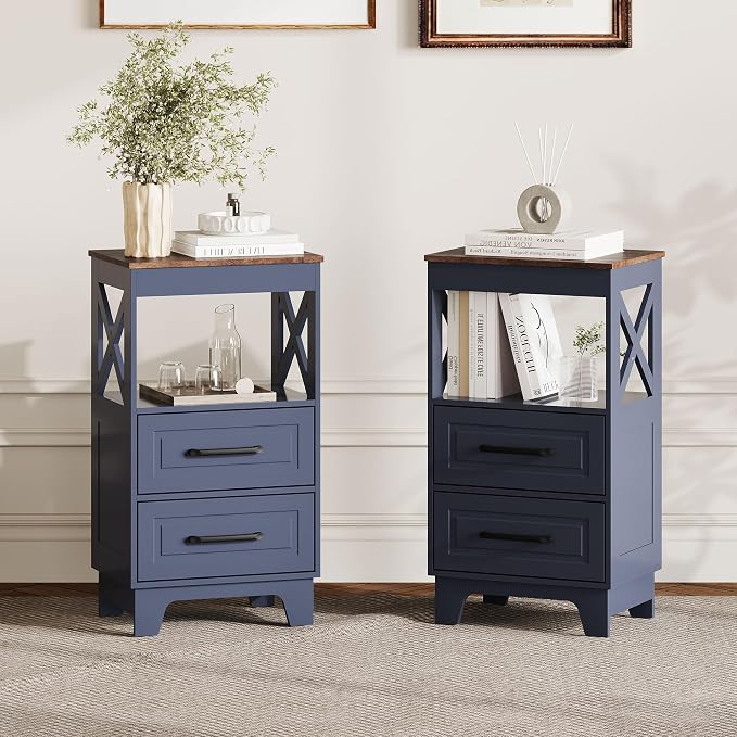 Tall Nightstand Set of 2 Side Table with 2 Drawers Modern Night Stand Wooden Rustic End Table Bedside Table with Upper Open Shelf Solid Feet for Bedroom Navy Blue+Walnut - Image 6