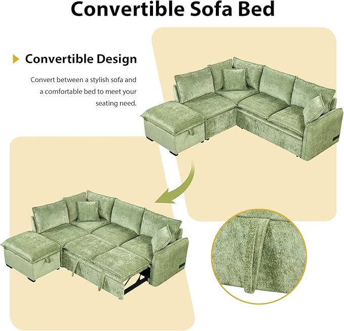 ERYE L-Shaped Corner Chenille Upholstered Sleeper Sectional Sofa Practical Convertible Sleep Sofabed W/Pull Out Sleep Couch Bed, Storage Ottoman and USB Charge Ports for Living Room