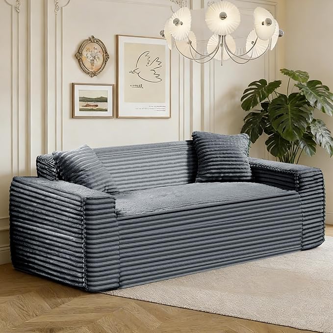 75" Cloud Loveseat Sofa, 26" Deep Seat Boneless Couches for Living Room, Modern 3 Seater Sofa with Throw Pillows, Corduroy Compression Sofa in Box, No Assembly Couch for Bedroom, Dorm, Gray