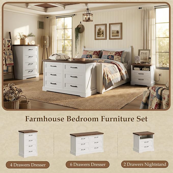 AODK 24 Inch Farmhouse Nightstand Set of 2, Bedside Tables with Charging Station, Wood End Tables with 2 Drawers and Open Shelf, Rustic Bed Side Table for Bedroom & Living Room, White & Dark Walnut - Image 8