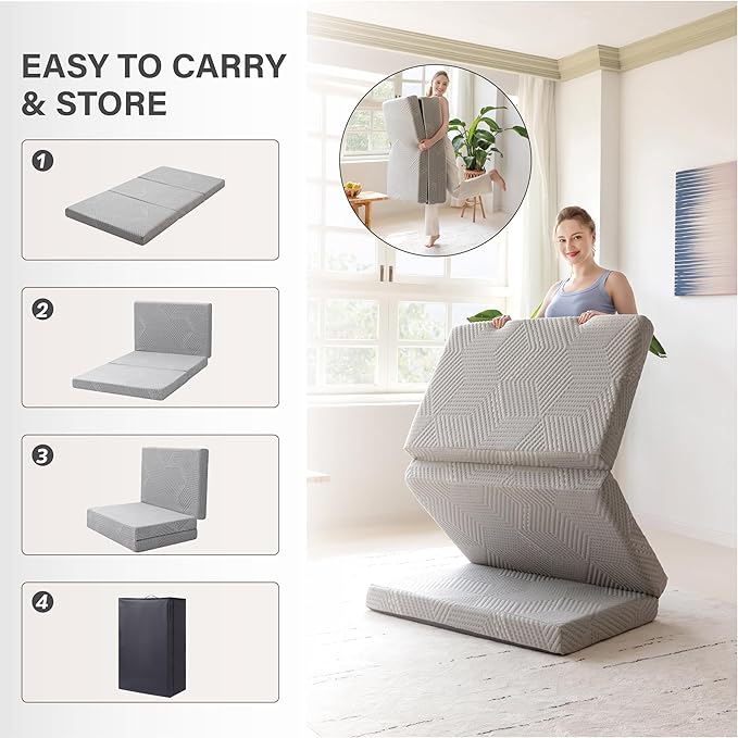 MLILY Tri-Fold Memory Foam Mattress Topper, 4 inch King Folding Mattress with Collapsible and Washable Cover, Travel and Guest Mat, 80"×76"×4", Grey