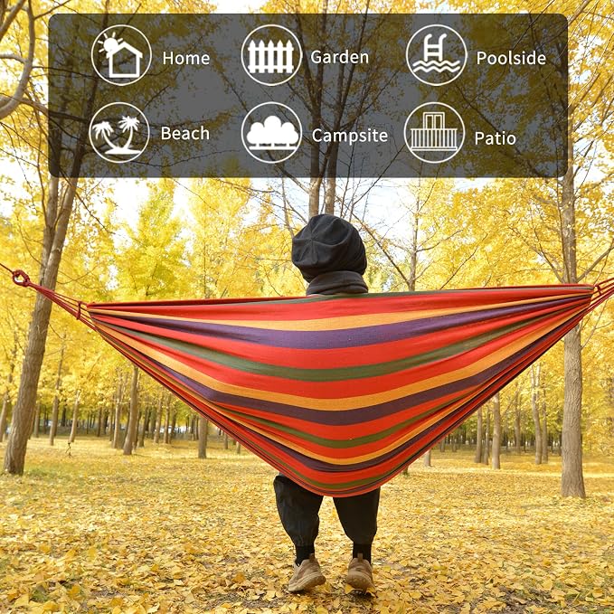 Rainbow Hammock Cotton Hammocks Comfortable Fabric Hammock with Tree Straps for Travel Patio Garden, Hanging Sturdy Hammocks Up to 660lbs Indoor/Outdoor Portable Hamacas with Travel Bag（Rainbow） - Image 3