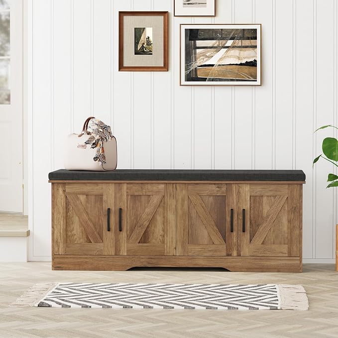 HOMSHO 2-Tier Storage Bench, 47.2" Wide Shoe Bench with Padded Seat Cushion, Entryway Bench with 4 Barn Doors and Adjustable Shelf, Rustic Walnut - Image 9