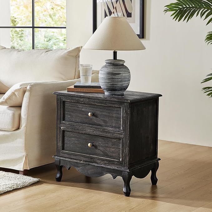 HULALA HOME Solid Wood End Table with Charging Station Space, Vintage Endtable with Wood Legs and 2 Drawers, French Side Table for Living Room, Charcoal by HULALAHOME