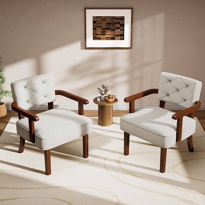 Versatile Accent Chair for Bedroom, Mid Century Modern Arm Chair, Butacas para Sala, Upholstered Wooden Chairs with Arm Rest, Tufted Backrest,Cushion, for Office, Living Room, Reading, Beige