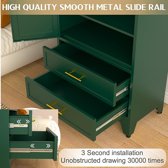 GAIOUS 71" Metal Wardrobe Cabinet with 2 Doors, 1 Adjustable Shelf and 2 Drawers, Metal Clothing Storage Cabinets with Hanging Rod, Armoire Wardrobe Closet for Bedroom, Cloak Room, Gym (Green)