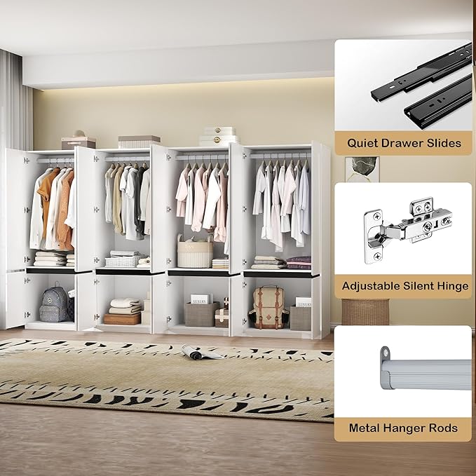 Wardrobe Closet with 8 Doors: 75" White Bedroom Armoire, Wooden Wardrobe for Hanging Clothes, Tall Storage Cabinet with Shelves and Hanging Rod (C+C+C+C, 126")
