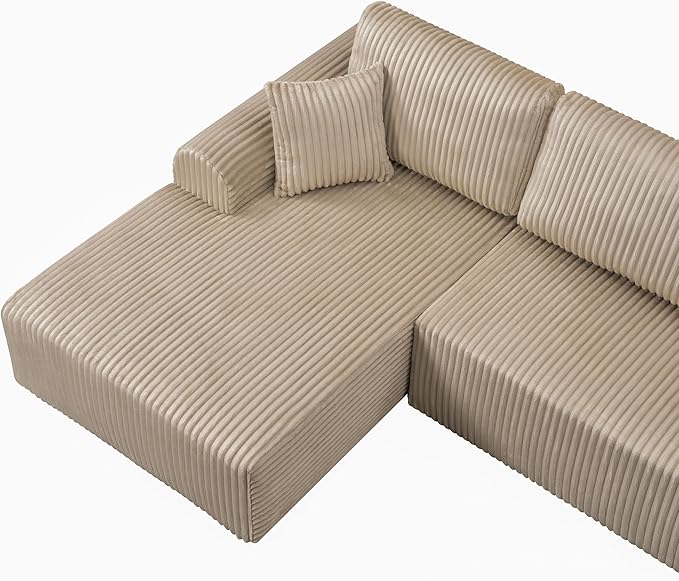 109-Inch L-Shaped Left Facing Boneless Corner Sofa 2 PCS Modular Sectional Cloud Sofa Couch with Chaise Lounge and Toss Pillow, Corduroy Boneless L-Shaped Couches