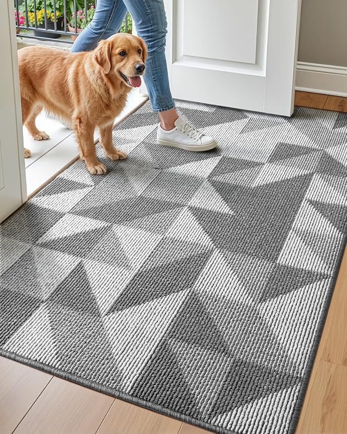 DEXI Front Door Mats for Entryway, 3x5 Non Slip Washable Low-Profile Entry Doormat, Absorbent Resist Dirt Inside Floor Entrance Mat, Patio, Grey/White by DEXI