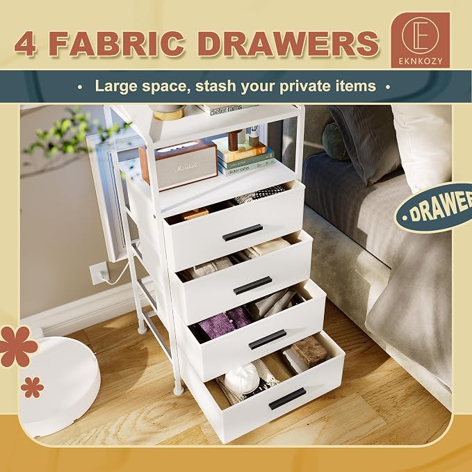 Nightstand 4 Drawer Dresser with LED Lights and Charging Station, Vertical Side Table with Fabric Drawers, End Table with Open Shelf, Tall Dresser for Bedroom, Hallway, Entryway, White - Image 6