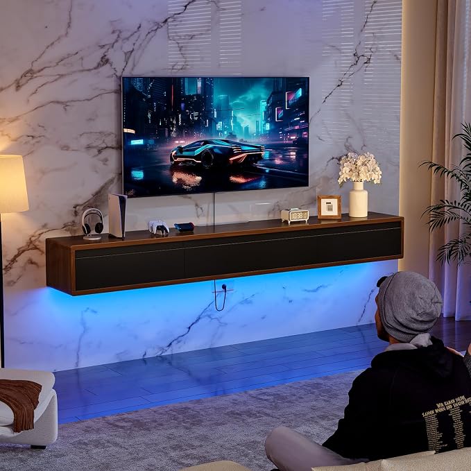 FurniNova Fully Assembled Floating TV Stand, Modern Plywood Media Console with 2 Drawers & 1 Flip Door, Wall Mounted Entertainment Center with High Gloss Finish & Round Edges, 47 inch, Walnut & Black - Image 8