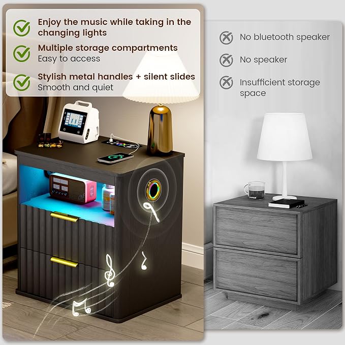 WOOVIVS Modern NightStand with Smart Human Sensor Lights, Bluetooth Music and 2 Large Storage Drawers, Bedside Table for Bedroom, Fluted Design, 23.6" H (Black) - Image 4