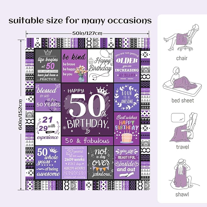 50th Birthday Gifts for Her, Women, 50th Birthday Decorations for Women, Happy 50 Year Old Gifts for Woman, Turning 50-50 Year Old Bday Blanket 60"X50"