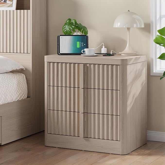 Fluted Dresser and Nightstand 3-Piece Bedroom Set, 49" Tall 6-Drawer Dresser and 2 of 3-Drawer Nightstands with Charging Station, Curved Profile Design, Modern Bedroom Dressers Sets, White Alder