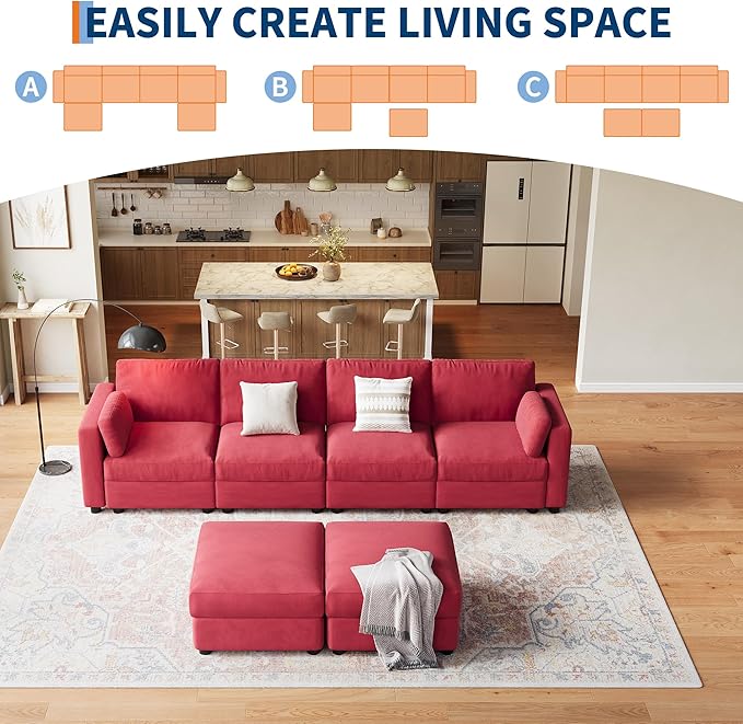 GAOMON Oversized Modular Sectional Sofa, 6 Seater Sectional Couch, 136" U Shaped Sofa with Movable Ottoman, Convertible Modular Couch for Living Room Apartment and Office, Chenille Red