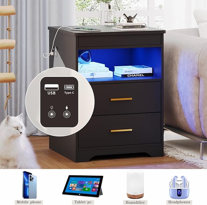 Nightstand Set of 2, Charging Bedside Table with USB & Type-C Port, LED Nightstand with Human Sensor Light, Modern End Table with Gun Drawers for Bedroom Office, Black - Image 6