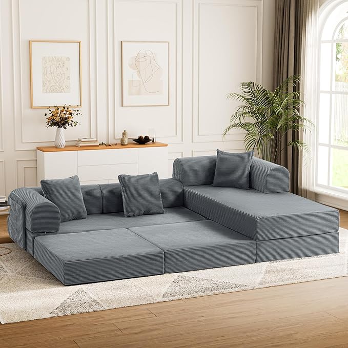 106.3" L Shape Convertible Sleeper Sofa Bed, Oversized Modular Sectional Cloud Sofa with Fixed-Shape Frame & Storage Pocket, Boneless Couch for Living Room, No Assembly Required, Dark Gray