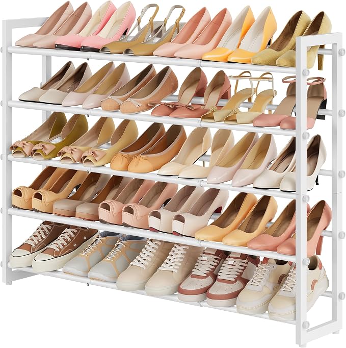 FAVOOSTY 3-Tier Expandable Shoe Rack, Adjustable Shoe Shelf Storage Organizer Space Saving Metal Free Standing Shoe Rack for Entryway Closet Doorway, Silver Grey (White, 5 Tier) - Image 9