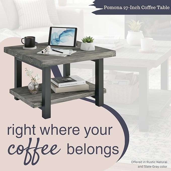 Alaterre Furniture Pomona Living Room Tables – 27 Inch Square Solid Wood Coffee Table with Metal Legs – Modern Rustic Industrial Small Space Table (Slate Grey)