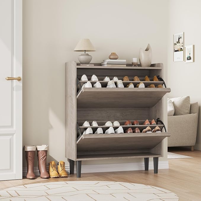 GarveeHome Shoe Cabinet with 2 Flip Drawers, Wooden Shoe Organizer Cabinet with Adjustable Shelf, Shoe Storage for Entryway, Hidden Shoe Cabinet for Hallway, Living Room, Grey - Image 7