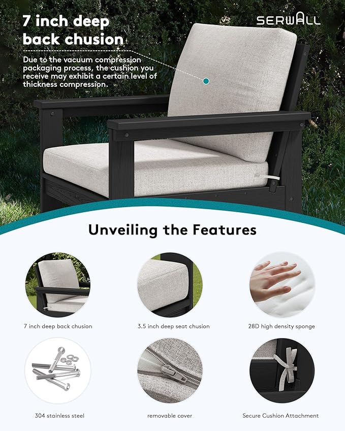 SERWALL HDPE Patio Furniture Set, 7-piece Outdoor Sectional Sofa Set, All Weather Outdoor Couch Set for Deck, Lawn, Black Frame with Khaki Cushion