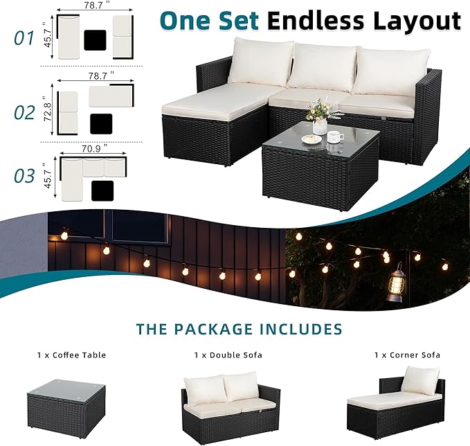 SUNLEI 3-Piece Patio Sectional Sofa, Patio Furniture Set with Detachable Soft Cushions, Outdoor PE Rattan Patio Conversation Sofa Set with Glass Coffee Table & Ottoman, Black Rattan/White