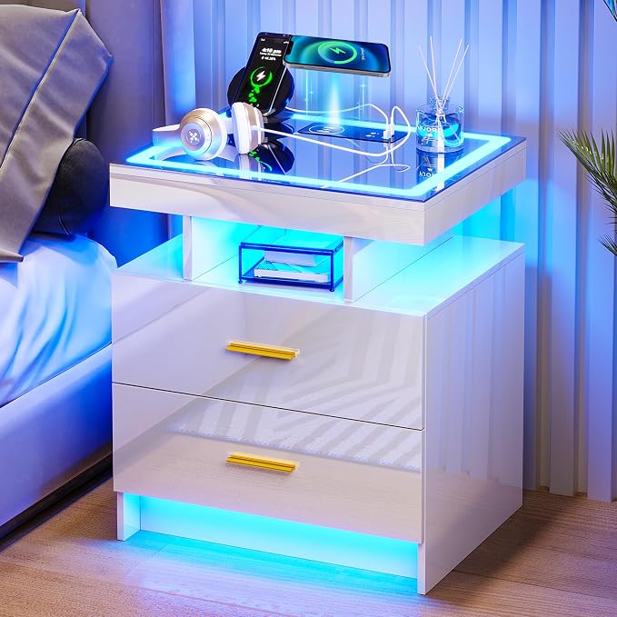 HNEBC LED Nightstand with Charging Station (USB,Type-C Ports) High Gloss Bedside Table with 2 Drawers, Smart Night Stand with Auto Sensor Lights,Modern Bed Side Table for Bedroom (White) by HNEBC