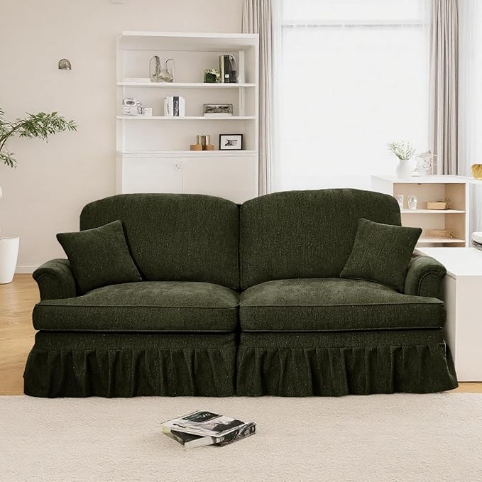 Oversized Large Two Seater Sofa, Comfy Chenille Love Seat Couch with Removable Ruffles Pleats & Large Petal-Shaped Armrests, Elegant Mid Century Convertible Sofa with Spindle Legs, Green