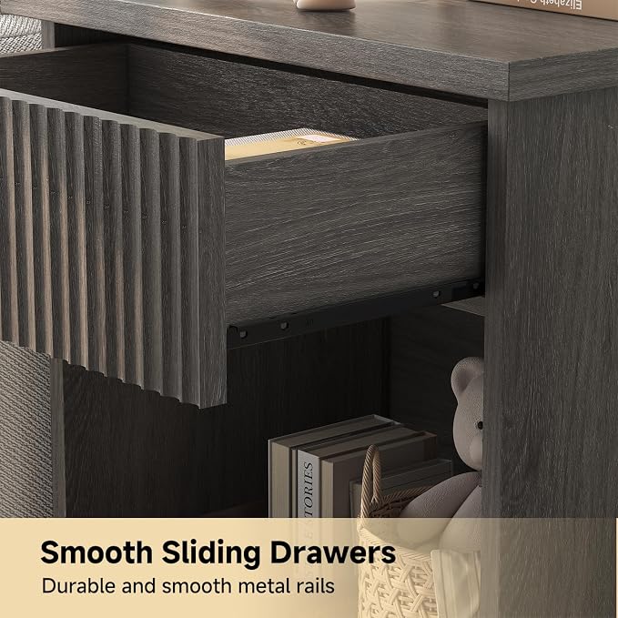 UNIQUITE Fluted Nightstand, 22.8" Wide Nightstands with Drawer Storage Large Wood BedsideTable Night Stand for Bedroom, Grey Oak - Image 4
