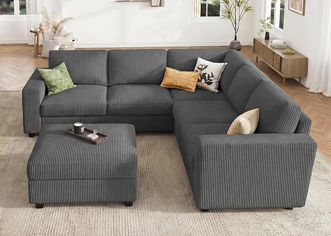HONBAY Sectional Sofa with Storage 6 Seater L-Shaped Sectional Couches for Living Room, Grey